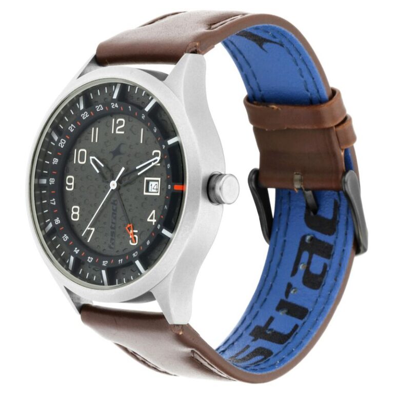 Fastrack NN3205TL02 Titanium Quartz Analog Date Grey Dial Leather Strap Watch