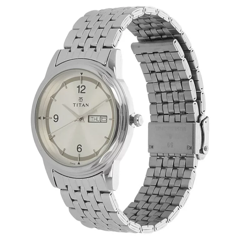 Titan Quartz Analog with Day and Date Silver Dial Stainless Steel Strap Watch for Men – NK1638SM01